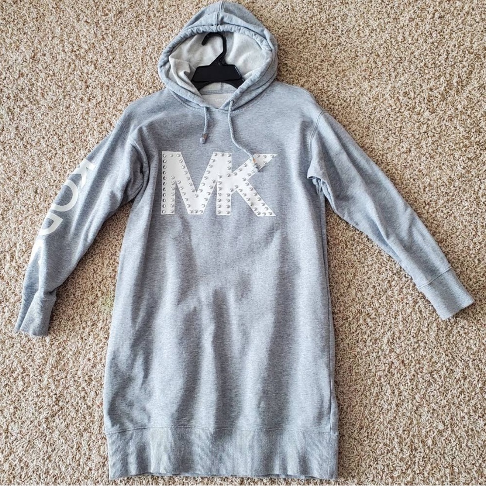 MICHAEL Michael Kors Gray Hooded Sweatshirt Dress with White MK Logo